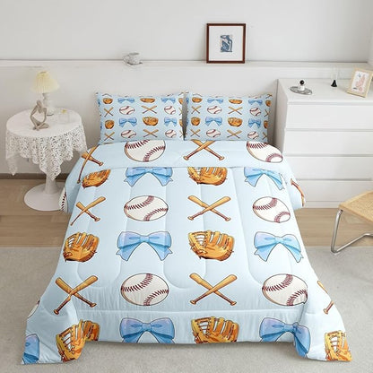 Baseball Bowknot Comforter Set Twin Size,Blue Bow Tie Knot Bedding Sets 2Pcs for Kids Girls Boys Women Room Decor,Baseball Bat Gloves Duvet Insert Ball Sport Games Down Comforter,1 Pillowcase