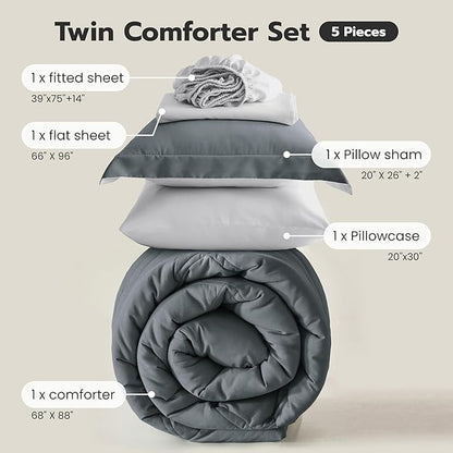 Joiedomi Twin Comforter Set with Sheets Dark Grey, 5 Pieces Twin Bedding Sets with 1 Down Alternative Comforter, 1 Flat Sheet, 1 Fitted Sheet, 1 Pillowcase and 1 Pillow Sham, Bed in a Bag All Seasons