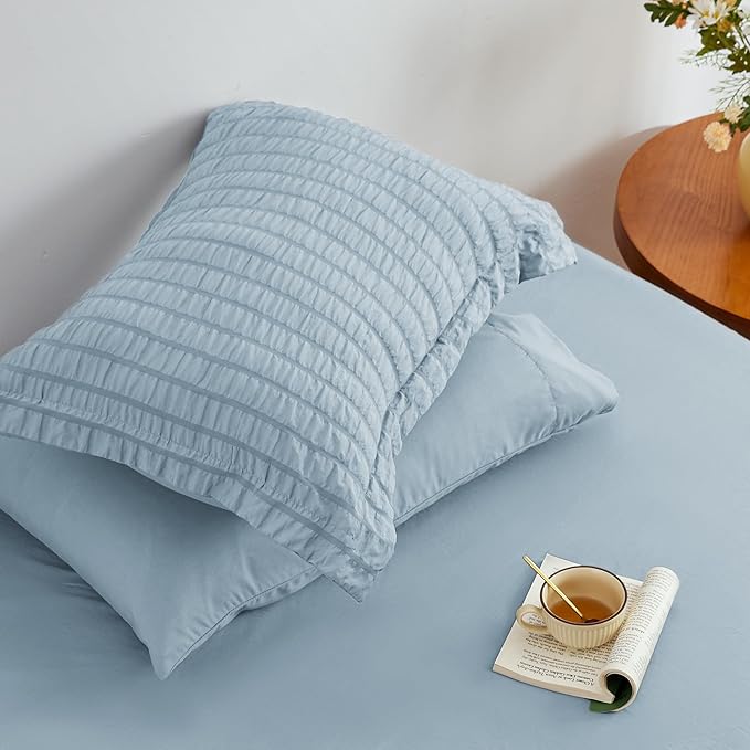 Love's cabin Seersucker Light Blue Twin XL Comforter Set, 5-Piece All Season Lightweight Bed in a Bag Bedding Set with Comforter, Flat Sheet, Fitted Sheet, Pillowcase and Sham | Soft, Breathable, Lightweight