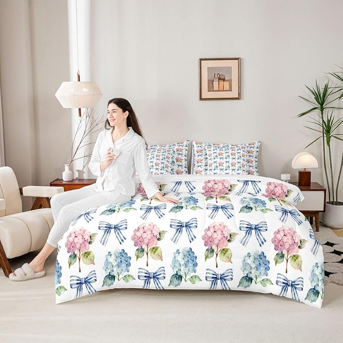 Erosebridal Blue Bowknot Pink Flowers Girly King 7-Piece Comforter Set | Kawaii Cute Bow Sheets and Pillowcases Floral Garden Ribbon Bed in A Bag Kids Teens Women Bed Sets