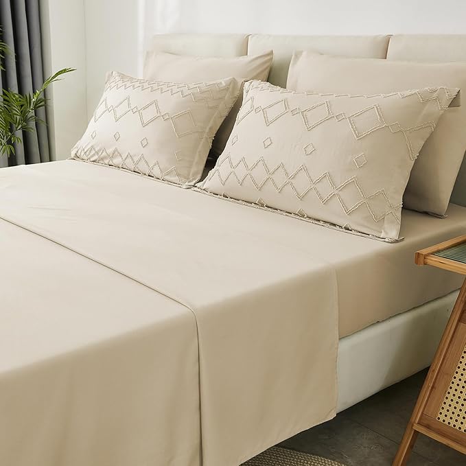 EMME Twin Comforter Set - 5 Pcs Beige Boho Bedding Sets, Tufted Comforter with Sheets, Shabby Chic Embroidery Twin Bed Set Fluffy Bed Bag for All Season(68"X90")
