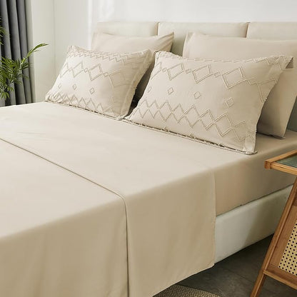 EMME Twin Comforter Set - 5 Pcs Beige Boho Bedding Sets, Tufted Comforter with Sheets, Shabby Chic Embroidery Twin Bed Set Fluffy Bed Bag for All Season(68"X90")