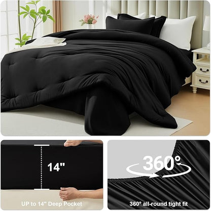 Oversized Queen Comforter Set 7 Pieces - Ultra-Soft Bed in a Bag, Cozy Luxury All Season Bedding Sets with Comforter, Flat Sheet, Fitted Sheet, 2 Pillow Shams & 2 Pillowcases, Black