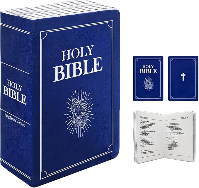 The Holy Bible Pillow Plush- Book Shape, Openable, Cozy Faith Bible Pillow Christian Bible Verse Pillow (Blue)
