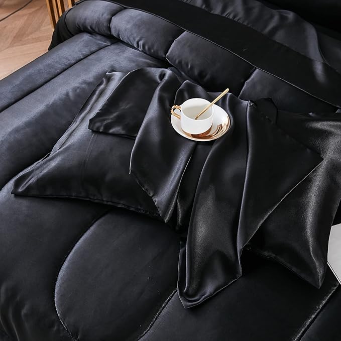 Satin Comforter Set - Black, Silk-Like, Down Alternative, King Size, 1 Comforter + 2 Pillowcases