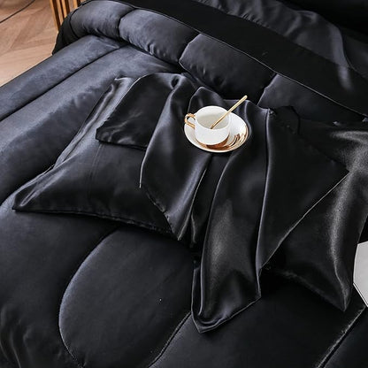 Satin Comforter Set - Black, Silk-Like, Down Alternative, King Size, 1 Comforter + 2 Pillowcases