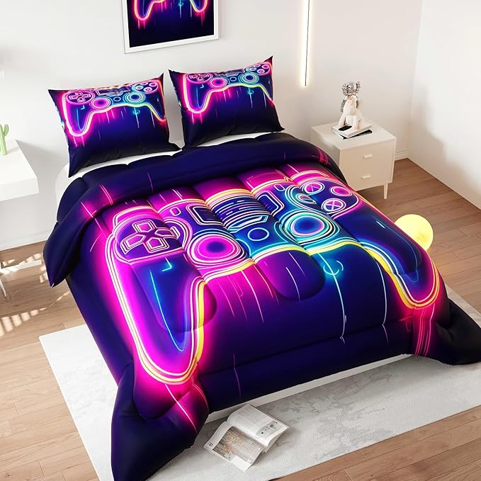 Gamer Comforter Set, Galaxy 3D Pattern for Kids Teens Adults,Decorative Bedding Comforter Sets with 2 Pillow Shams, Queen Size