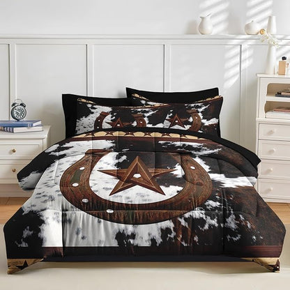 Nesker 7 Pcs Comforter Set Queen Size, Western Cowboy Texas Star Horseshoes Bedding Set for Kids and Adults, Cowhide Rustic Farmhouse Sheets Bed Sheet Sets with Fitted Sheet 2 Pillowcases & 2 Shams