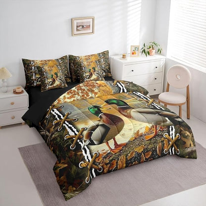 Rustic Comforter Set Full Size Bed Sheets and Comforter Set | Mallard Duck Camo Bedding 7 Piece Bedding Set Mens Hunting Bed in a Bag, Farmhouse Woodland Animals Room Decor,Camo Cabin Country Decor