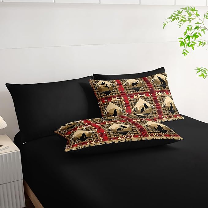 7 Piece Red Bed in A Bag Boho Comforter Set Queen Size，Queen Bedding Sets 7 Pieces Deer/Elk/Bear，(1 Comforter, 1 Flat Sheet, 1 Fitted Sheet, 2 Pillowcase and 2 Pillow Sham)