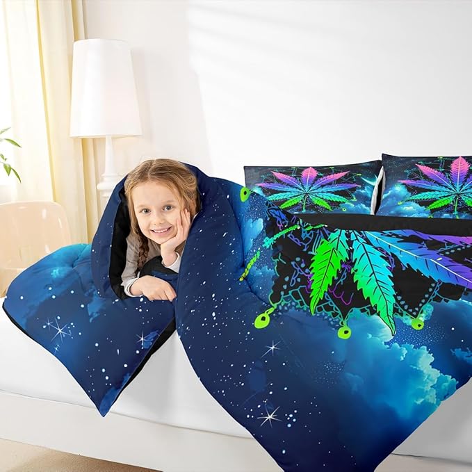 Erosebridal Leaves Comforter Set Bohemian Mandala Duvet Set Twin Size Leaf Quilt Set Galaxy Starry Sky Quilted Duvet, Blue Purple Bedding Set for Room Decor