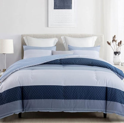 SLEEPBELLA Comforter King Size, 600 Thread Count Cotton White and Navy Striped Patchwork Reversible Pattern Reversible Blue Comforter Set,Down Alternative Bedding Set 3Pcs (King, Blue Patchwork)