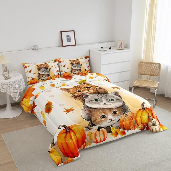 Erosebridal Kids Cute Cats Comforter Twin Fall Pumpkin Maple Leaf Bedding Sets for Girls Boys,Autumn Thanksgiving Decor Comforter Set for Bedroom,Happy Fall Decorations for Home with 1 Pillow Case