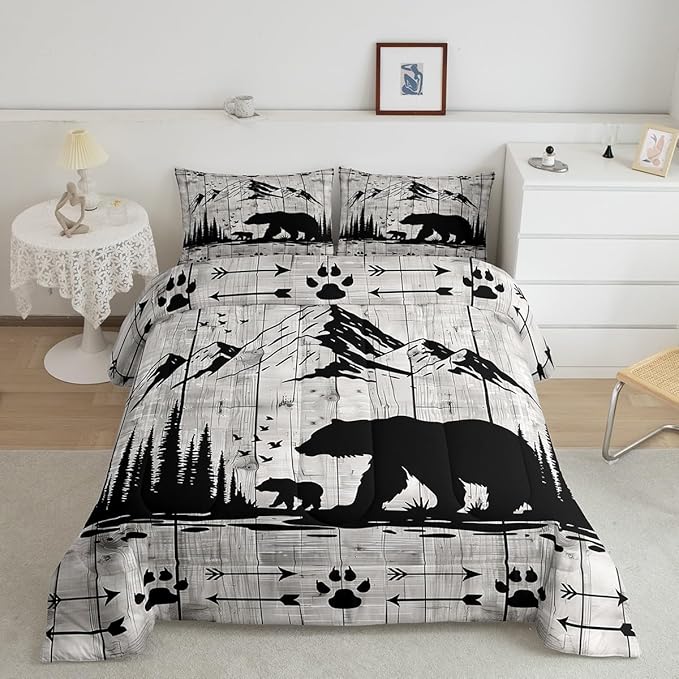 Feelyou Rustic Bear Comforter Set Twin Size, Wildlife Hunting Theme Quilt Set with 2 Pillowcases, Western Wild Animal Bedding Set 2pcs for Kids Boys Teens Room Decor, Wooden Board Duvet Insert