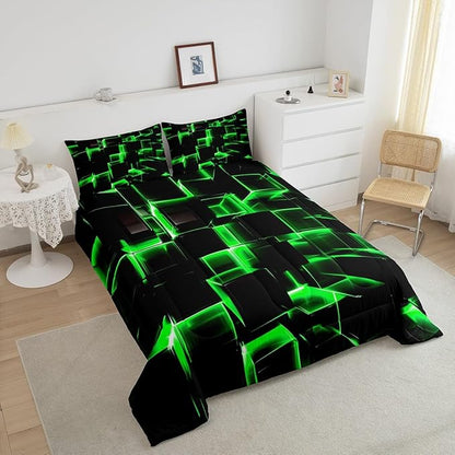 Erosebridal Honeycomb Bedding Set Queen Size, 3D Modern Abstract Square Grid Comforter for Kids Girls Boys Green Neon Light Geometric Print Bed Set Bedroom Decor, 3 Pieces