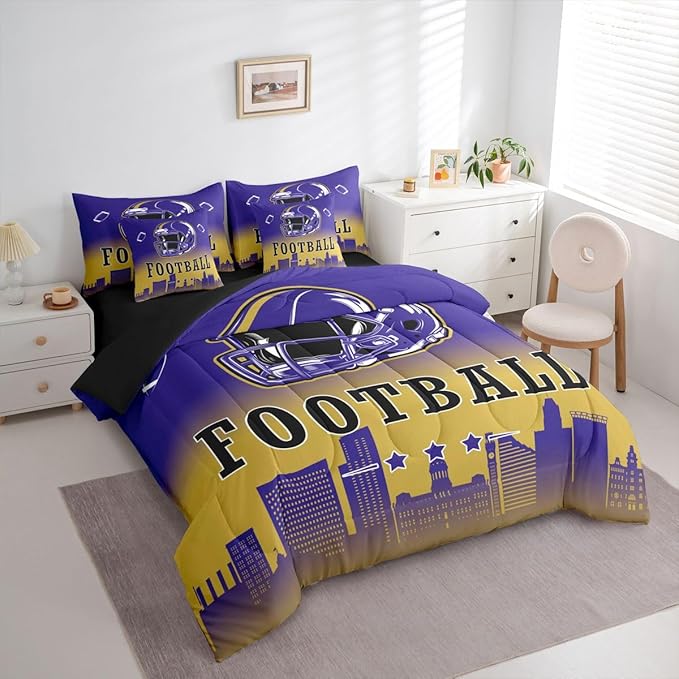 Erosebridal Kids Football Bed in A Bag King American Soccer City 7 Pcs Bedding Set for Boys Girls,Sports Rugby Navy Blue Comforter Set with Sheets Chic City Silhouette Ball Games Bed Set