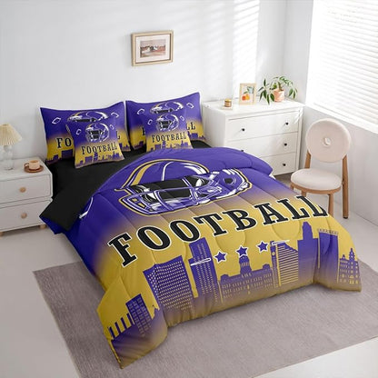 Erosebridal Kids Football Bed in A Bag Queen American Soccer City 7 Pcs Bedding Set for Boys Girls,Sports Rugby Navy Blue Comforter Set with Sheets Chic City Silhouette Ball Games Bed Set