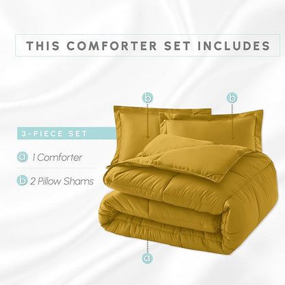 Elegant Comfort 3-Piece Box Stitched Down Alternative Comforter with Shams - Ultra Soft for All Season Duvet Insert with Corner Tabs, Plush Cozy 3PC Comforter Set, Oversize Queen, Mustard Yellow