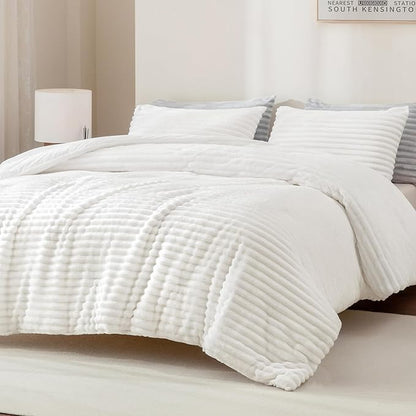 Andency Full Size Comforter Set, White Fluffy 3 Pieces, Super Soft Warm Fleece Faux Fur Bedding Set, Luxury Fuzzy Heavy Bed Set for Winter (1 Comforter & 2 Pillowcases)