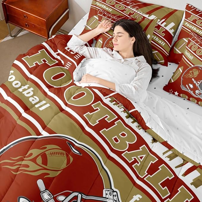 Feelyou Football 7 Pieces Comforter Sets Queen Size Kids Rugby Sports Bedding Set for Boys Kids Teen Sports Theme Bed in a Bag with Comforter, Sheets, Pillowcases & Cushion Cover