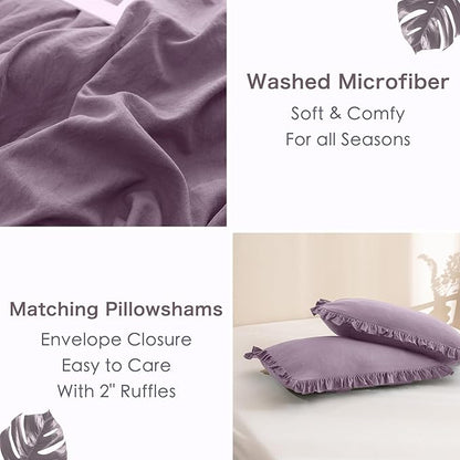 Masaca Farmhouse King Size Comforter Set,Shabby Boho Chic Bedding Grayish Purple Ruffled King Bed Comforter Vintage Rustic Bedding Sets 3 Pieces (1 Ruffle Comforter and 2 Pillowcases)