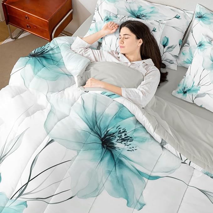 Erosebridal Teal Flower Full 7 Pcs Bedding Set for Women, Bohemian Floral Comforter Set with Sheets, Watercolor Flower Artistic Bed Sets for Girls, Ink Painting Style Blossom & Leaf Bed in A Bag