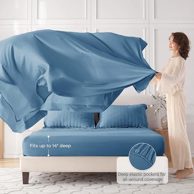 MUXHOMO 7 Pieces Queen Comforter Set, Seersucker Bed in a Bag Queen Size, All Season Luxury Bedding Set with Comforter, Flat Sheet, Fitted Sheet, Pillowcases & Shams, Mineral Blue