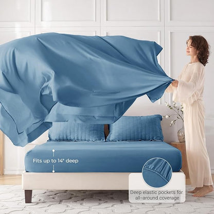 MUXHOMO 7 Pieces Full Comforter Set, Seersucker Bed in a Bag Full Size, All Season Luxury Bedding Set with Comforter, Flat Sheet, Fitted Sheet, Pillowcases & Shams, Mineral Blue