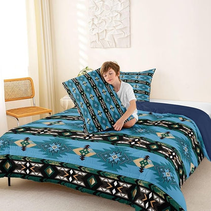 Erosebridal Western Decor,Vintage Exotic Indian Geometric Bedding Set Boho Comforter King,Ethnic Tribal Arrow Quilt Aztec Duvet Insert,Western Home Decor Rustic Farmhouse Bedroom Teal,Multi 18
