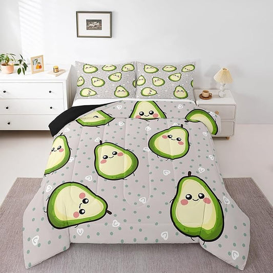 Erosebridal Avocado Comforter Set for Kids Boys Girls Green Yellow Avocado Bedding Set Twin Size Cartoon Avocado Decor Soft Warm Fruits Food Duvet Set Kawaii Cute Down Comforter Ultra Lightweight
