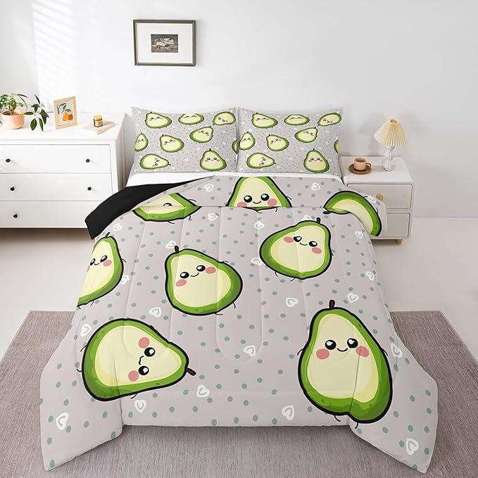 Erosebridal Avocado Comforter Set for Kids Boys Girls Green Yellow Avocado Bedding Set Queen Size Cartoon Avocado Decor Soft Warm Fruits Food Duvet Set Kawaii Cute Down Comforter Ultra Lightweight