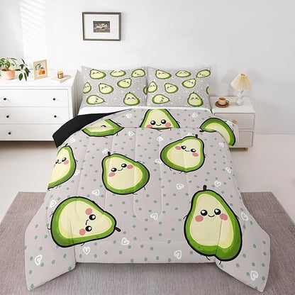 Erosebridal Avocado Comforter Set for Kids Boys Girls Green Yellow Avocado Bedding Set Queen Size Cartoon Avocado Decor Soft Warm Fruits Food Duvet Set Kawaii Cute Down Comforter Ultra Lightweight