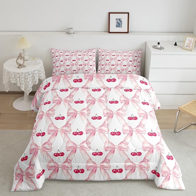 Erosebridal Cute Ribbon Bow Girls Bedding Set,Pink Kawaii Cherry Bedding Comforter Sets for Kids Teen Women Bedroom Decor Full,Watercolor Bow Comforter Set Abstract Bowknot Grids Quilt Duvet