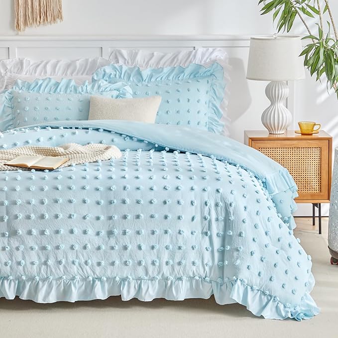 Tufted Dots Ruffle Comforter Set Full/Queen Size, 3 Pieces Blue Vintage Farmhouse Shabby Chic Comforters, Jacquard Boho Bohemian Bedding Set for All Season (1 Ruffled Comforter+ 2 Pillow Shams)