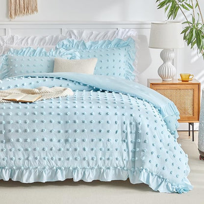 Flysheep Tufted Dots Ruffle Comforter Set King Size, 3 Pieces Blue Vintage Farmhouse Shabby Chic Comforters, Jacquard Boho Bohemian Bedding Set for All Season (1 Ruffled Comforter+ 2 Pillow Shams)
