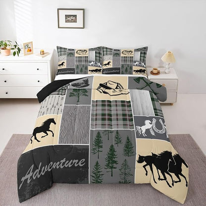 Erosebridal Kids Horse Comforter Set Twin, Western Cowboys Horseshoe Bedding Set Vintage Riding Boots Duvet Insert, Adventure Rustic Farmhouse Animal Quilt Cabin Lodge Bedroom Decor, 1 Pillow Case