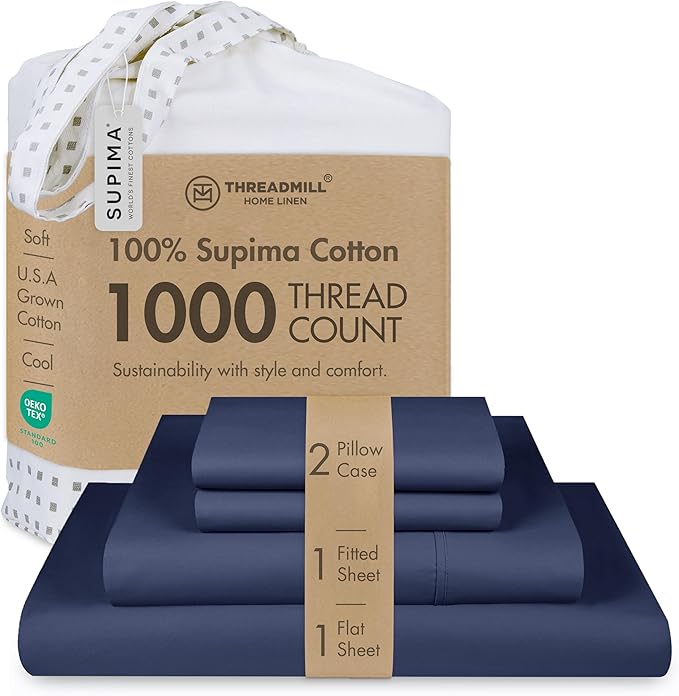 Threadmill Supima Cotton Sheets Queen, 1000 Thread Count Queen Sheets for Queen Mattresses, 4 Piece Luxury Bed Sheets, Sateen Weave Hotel Quality Sheet with Elasticized Deep Pocket, Folkstone Blue