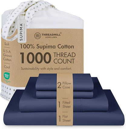 Threadmill California King Sheets, Certified American Supima Cotton Sheet, 1000 Thread Count Hotel Quality Sheets, 4 Piece Luxury Bed Sheets Set with Elasticized Extra Deep Pocket, Folkstone Blue