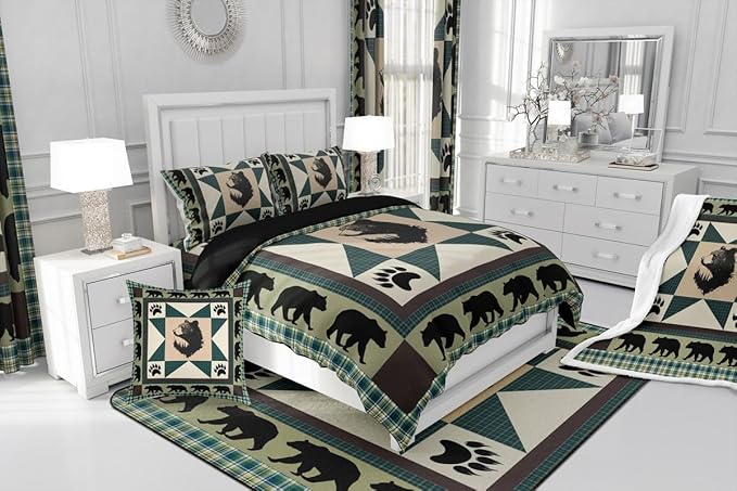 Erosebridal Black Bear Comforter Set Green Grid Bedding Set King Patchwork Geometric Triangle Lattice Quilt Woodland Farm Animals Bear Paw Print Duvet Insert,Moon Lake Farmhouse Decor