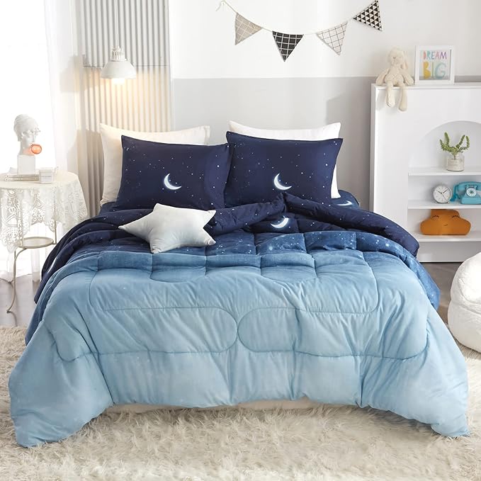 HYPREST Twin Comforter Set for Girls Boys,Star Moon Galaxy Soft Cute Twin Bed Comforter Sets, 2 Pieces Kids Teens Blue Lightweight Comforter Cooling Breathable (Oeko-Tex Certified)
