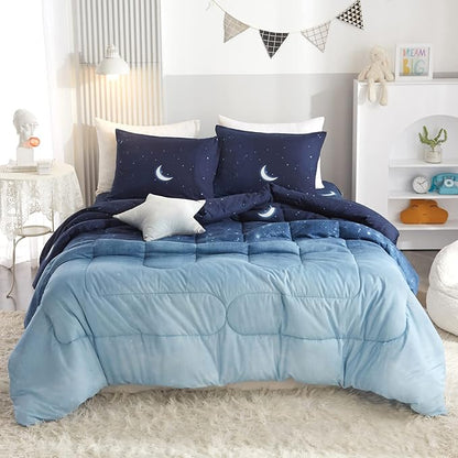 HYPREST Twin Comforter Set for Girls Boys,Star Moon Galaxy Soft Cute Twin Bed Comforter Sets, 2 Pieces Kids Teens Blue Lightweight Comforter Cooling Breathable (Oeko-Tex Certified)