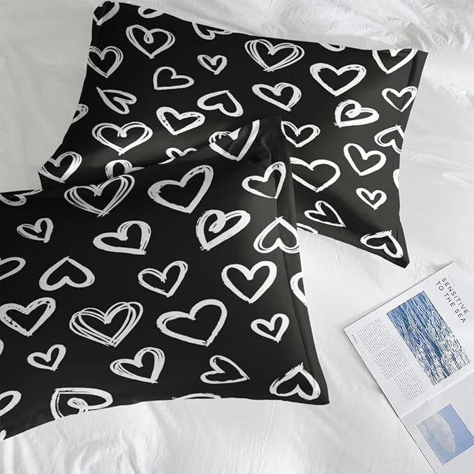 Comforter Set Full Size, Love Valentine Cute Soft 3 Pcs Bedding for Kids and Adults, Polka Heart Black White Comforter Set with 2 Pillowcases, for Bedroom Bed Decor