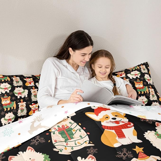 Castle Fairy Merry Christmas Theme Bedding Set for Boys Girls,Christmas Pets All Season Cozy Comforter Set Full Size,Cute Puppy Dog Animal Duvet Set Bedroom Decor,Personalized Birthday Gifts