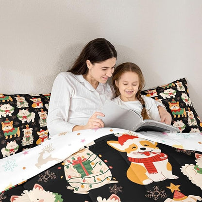 Castle Fairy Christmas Pets King Size Comforter/Duvet Set,Cute Puppy Dog Animal Ultra Soft Bed Collection,Merry Christmas Theme Bedding for Room Decor 3 Pcs,Microfiber Breathable