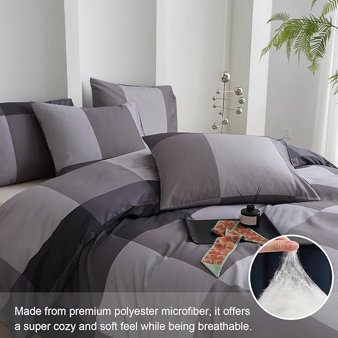 mixinni Full Size Comforter Sets Men Boys Geometric Checkered Plaid Printed Bedding Comforter for All Season Soft Lightweight Bedding Set-(Full Size, Grey,Black)