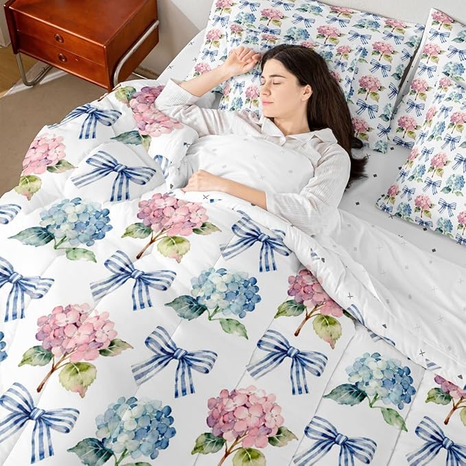 Erosebridal Blue Bowknot Pink Flowers Girly King 7-Piece Comforter Set | Kawaii Cute Bow Sheets and Pillowcases Floral Garden Ribbon Bed in A Bag Kids Teens Women Bed Sets
