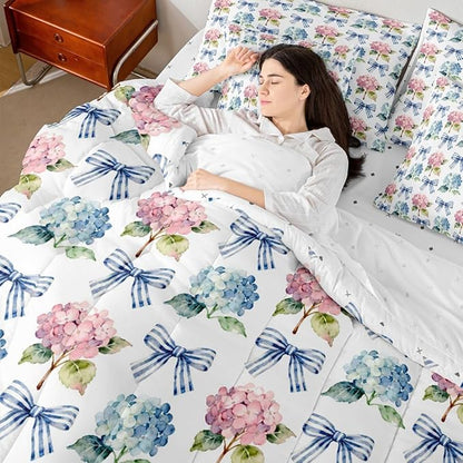 Erosebridal Blue Bowknot Pink Flowers Girly King 7-Piece Comforter Set | Kawaii Cute Bow Sheets and Pillowcases Floral Garden Ribbon Bed in A Bag Kids Teens Women Bed Sets