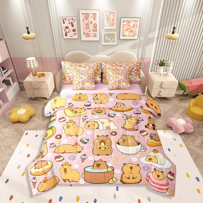 Funny Cute Capybaras 7 Pieces Bedding Set King Size,Capybara Lover Bed in a Bag,Kawaii Rodent Animals Bed Set Includes Comforter,Sheet Set,Pillowcases & Pillow Covers,Cakes Ice Creams Bedroom Decor