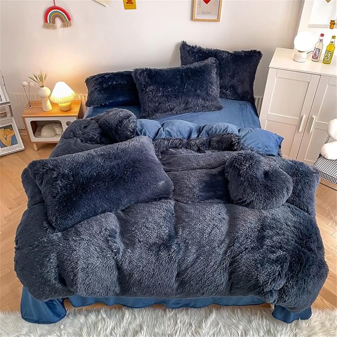 chovy Faux Fur Plush Royal Blue Comforter Sets Queen - Ultra Soft Shaggy Flannel Velvet Fluffy Fuzzy 3PC Bedding Set (Comforter x 1 Pillowcases x 2)