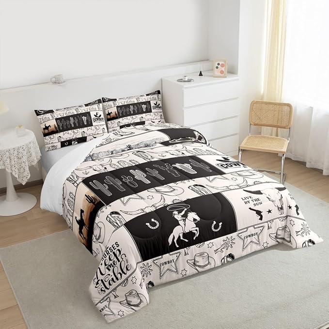Western Cowboy Kids Comforter Set King Size,Cowboy Boots Horseshoe Farmhouse Bedding Set,Boys Girls Adults Room Decor,Cow Skull Cactus Rustic Down Comforter,Beige Retro Duvet Insert,2 Pillowcases